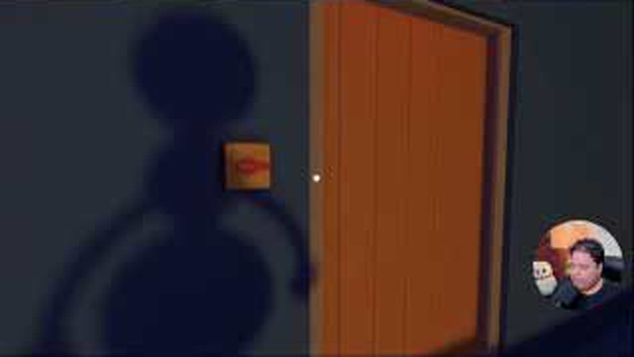 Closed blue-house door after the outside player presses the symbol button