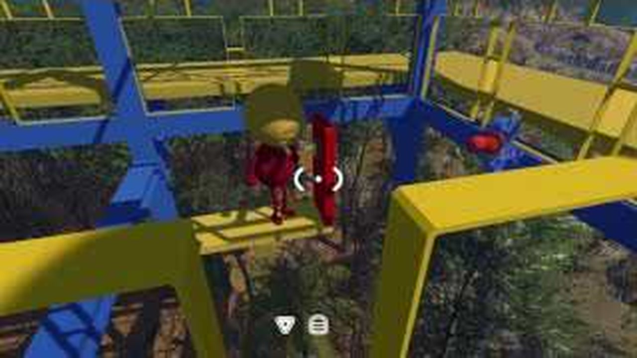 Golden-head wearer aligned beside the final red button in BIG WALK